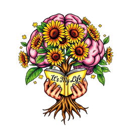 A colorful tattoo design featuring a brain-shaped tree with vibrant sunflower flowers blooming from its branches