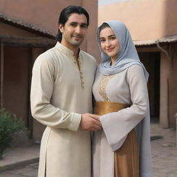 A happy couple named Arslan and Samoora, standing together in comfortable clothing, emanating a warm love for each other.