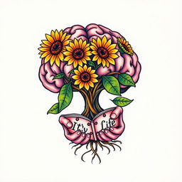 A colorful tattoo design featuring a brain-shaped tree with blooming yellow sunflower flowers