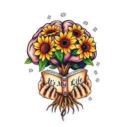 A colorful tattoo design featuring a brain-shaped tree with blooming yellow sunflower flowers