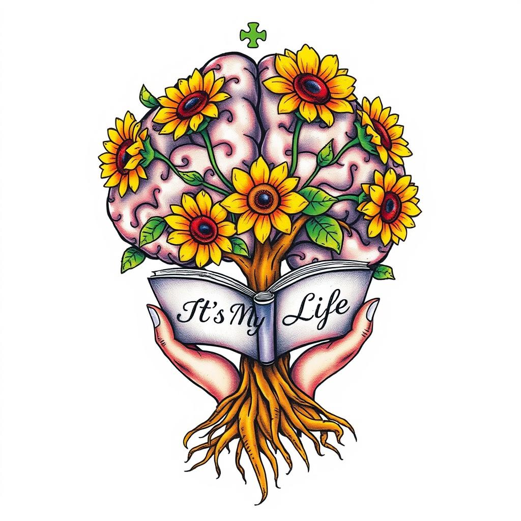 A colorful tattoo design featuring a brain-shaped tree with blooming yellow sunflower flowers