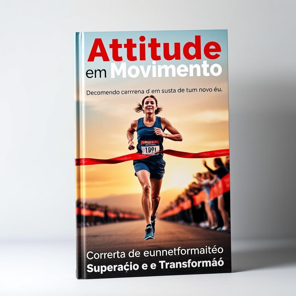 A captivating book cover for 'Atitude em Movimento: Correndo em busca de um novo eu' featuring a dynamic scene of a runner crossing the finish line