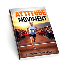 A captivating book cover for 'Atitude em Movimento: Correndo em busca de um novo eu' featuring a dynamic scene of a runner crossing the finish line