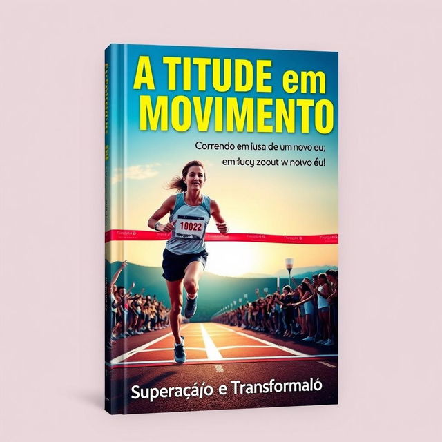 A captivating book cover for 'Atitude em Movimento: Correndo em busca de um novo eu' featuring a dynamic scene of a runner crossing the finish line