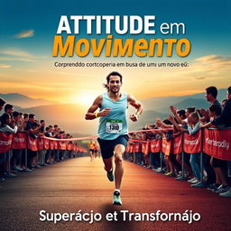 A captivating book cover for 'Atitude em Movimento: Correndo em busca de um novo eu' featuring a dynamic scene of a runner crossing the finish line