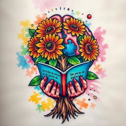 A colorful tattoo design featuring a brain-shaped tree with vibrant sunflowers blooming around it