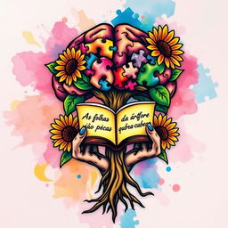 A colorful tattoo design featuring a brain-shaped tree with vibrant sunflowers blooming around it