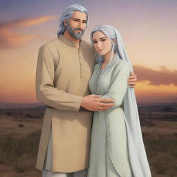 A happy couple named Arslan and Samoora, standing together in comfortable clothing, emanating a warm love for each other.