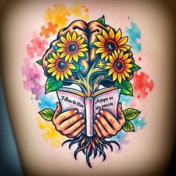 A colorful tattoo design featuring a brain-shaped tree with vibrant sunflowers blooming around it