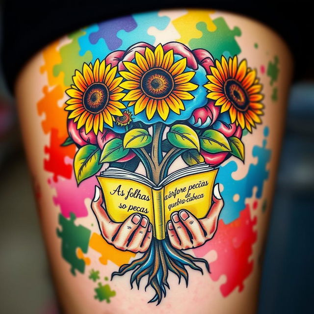 A colorful tattoo design featuring a brain-shaped tree with vibrant sunflowers blooming around it