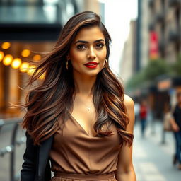 A stunning portrait of Indian actress Kriti Sanon, showcasing her in a modern, stylish outfit, such as a chic dress or trendy ensemble, standing confidently in an elegant urban environment