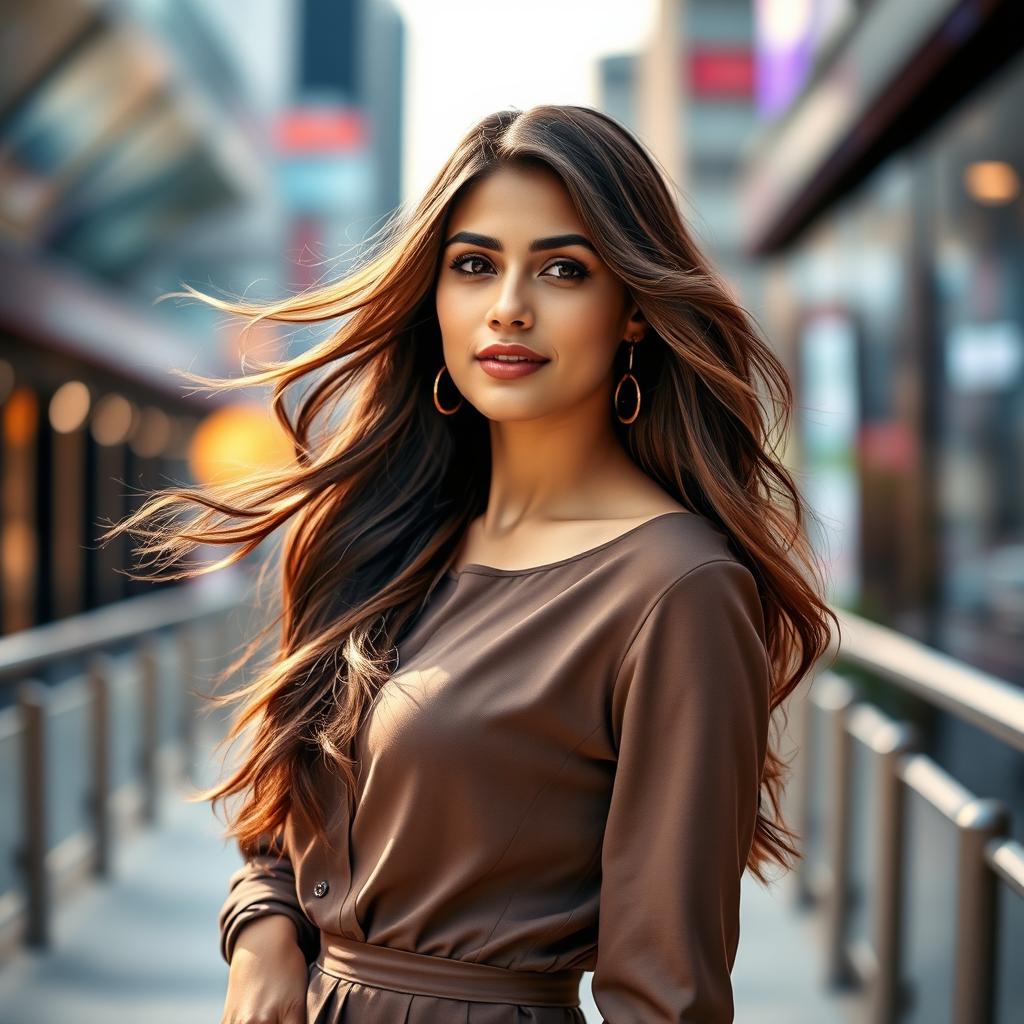 A stunning portrait of Indian actress Kriti Sanon, showcasing her in a modern, stylish outfit, such as a chic dress or trendy ensemble, standing confidently in an elegant urban environment