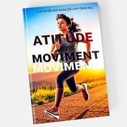 A captivating book cover for 'Atitude em Movimento: Correndo em busca de um novo eu', featuring a dynamic scene of a runner in motion on a scenic running path