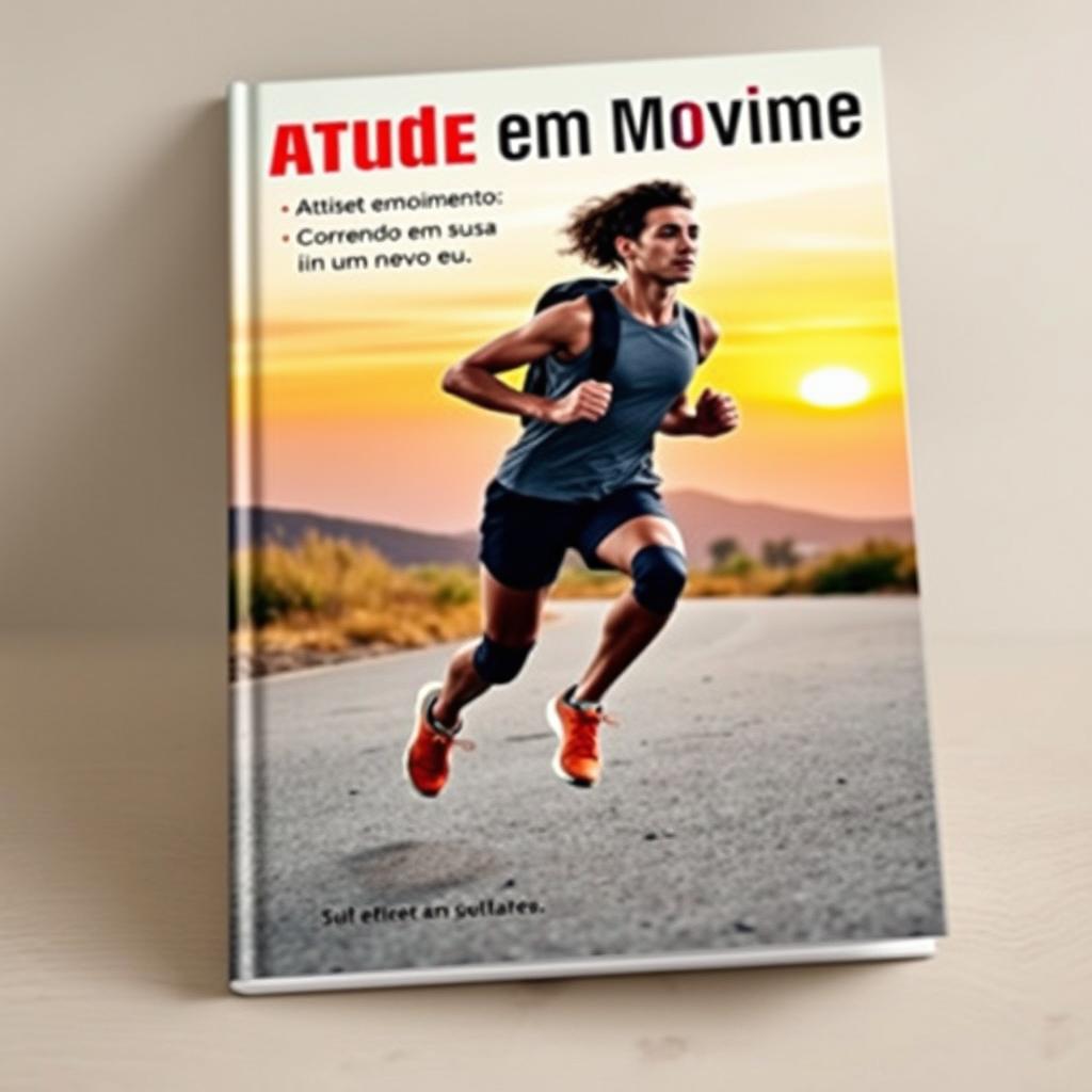 A captivating book cover for 'Atitude em Movimento: Correndo em busca de um novo eu', featuring a dynamic scene of a runner in motion on a scenic running path