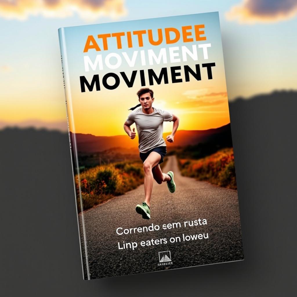 A captivating book cover for 'Atitude em Movimento: Correndo em busca de um novo eu', featuring a dynamic scene of a runner in motion on a scenic running path