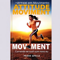 A captivating book cover for 'Atitude em Movimento: Correndo em busca de um novo eu', featuring a dynamic scene of a runner in motion on a scenic running path