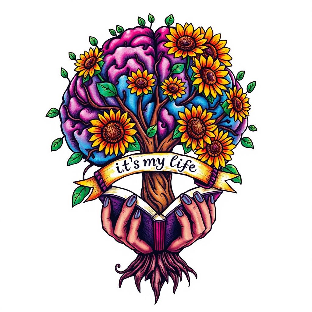 A vibrant tattoo design featuring a brain tree, with colorful branches and sunflower flowers adorning it