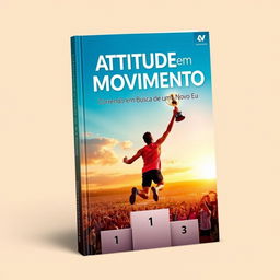 A captivating book cover for 'Atitude em Movimento: Correndo em Busca de um Novo Eu', featuring an inspiring scene of a runner triumphantly reaching a podium, holding a shiny trophy high in the air