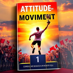 A captivating book cover for 'Atitude em Movimento: Correndo em Busca de um Novo Eu', featuring an inspiring scene of a runner triumphantly reaching a podium, holding a shiny trophy high in the air