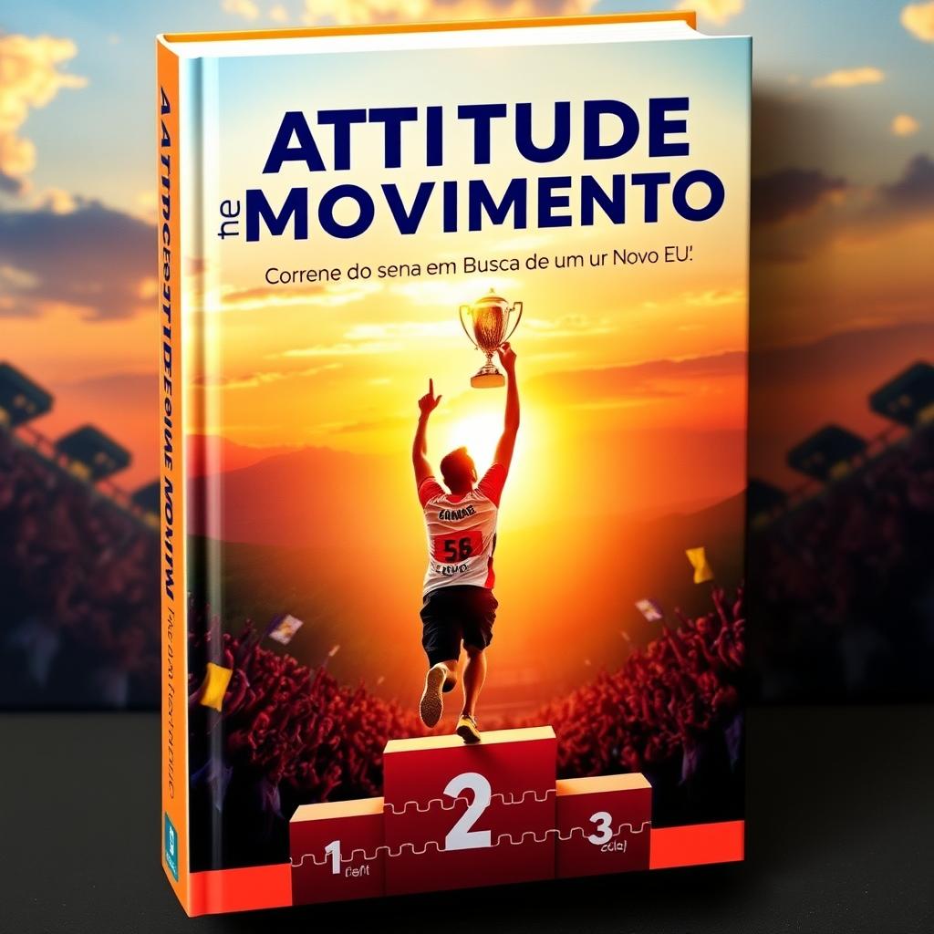 A captivating book cover for 'Atitude em Movimento: Correndo em Busca de um Novo Eu', featuring an inspiring scene of a runner triumphantly reaching a podium, holding a shiny trophy high in the air