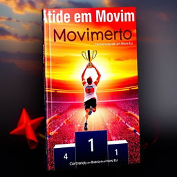 A captivating book cover for 'Atitude em Movimento: Correndo em Busca de um Novo Eu', featuring an inspiring scene of a runner triumphantly reaching a podium, holding a shiny trophy high in the air