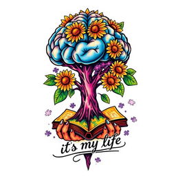 A vibrant and colorful tattoo design featuring a tree with a brain as its canopy, symbolizing intelligence and creativity