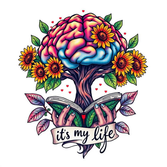 A vibrant and colorful tattoo design featuring a tree with a brain as its canopy, symbolizing intelligence and creativity