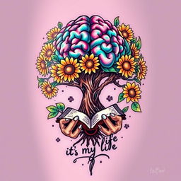 A vibrant and colorful tattoo design featuring a tree with a brain as its canopy, symbolizing intelligence and creativity