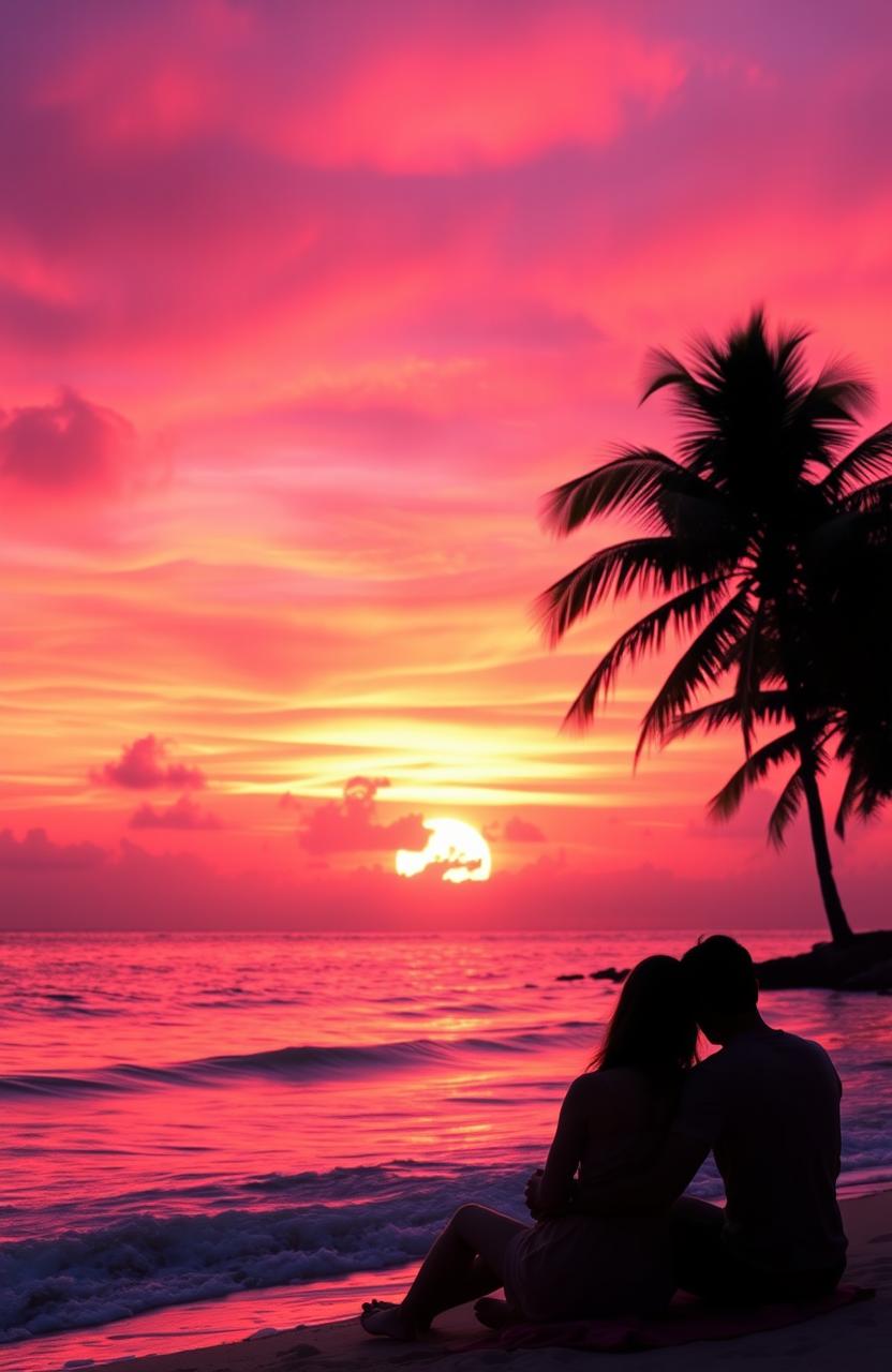 A romantic scene depicting a breathtaking sunset over a serene ocean, where the sky is ablaze with shades of pink, orange, and purple blending into each other