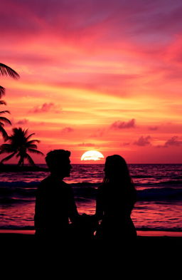 A romantic scene depicting a breathtaking sunset over a serene ocean, where the sky is ablaze with shades of pink, orange, and purple blending into each other