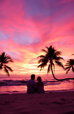 A romantic scene depicting a breathtaking sunset over a serene ocean, where the sky is ablaze with shades of pink, orange, and purple blending into each other