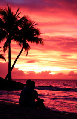 A romantic scene depicting a breathtaking sunset over a serene ocean, where the sky is ablaze with shades of pink, orange, and purple blending into each other