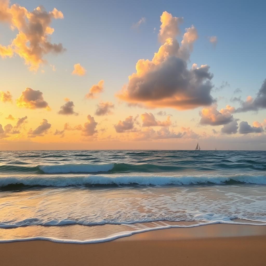 A breathtaking view where the sky meets the ocean during sunset, with golden and pink hues reflecting off the water