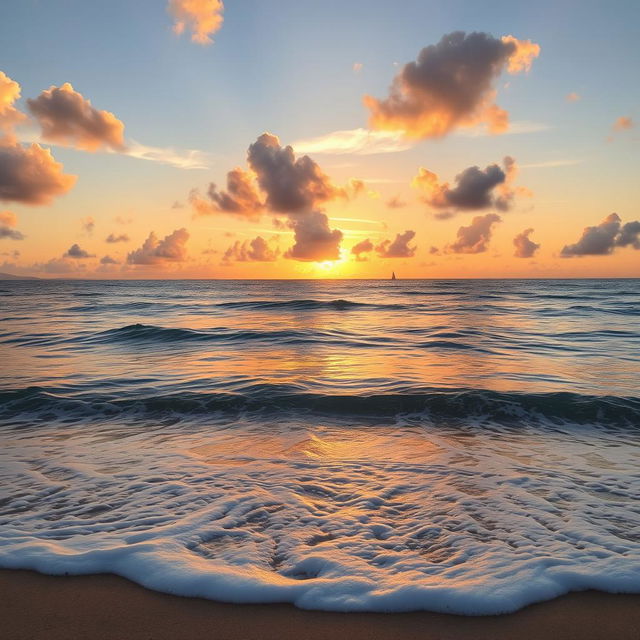 A breathtaking view where the sky meets the ocean during sunset, with golden and pink hues reflecting off the water