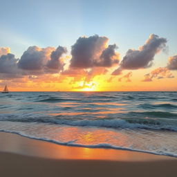 A breathtaking view where the sky meets the ocean during sunset, with golden and pink hues reflecting off the water