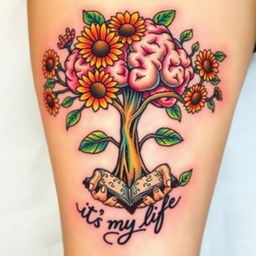 A vibrant and colorful tattoo design featuring a tree with a brain as its canopy, symbolizing intelligence and creativity