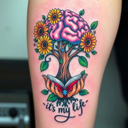 A vibrant and colorful tattoo design featuring a tree with a brain as its canopy, symbolizing intelligence and creativity