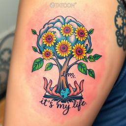 A colorful tattoo design featuring a tree with a brain-shaped crown, symbolizing intelligence and creativity