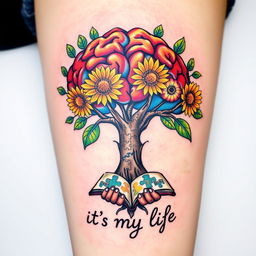 A colorful tattoo design featuring a tree with a brain-shaped crown, symbolizing intelligence and creativity