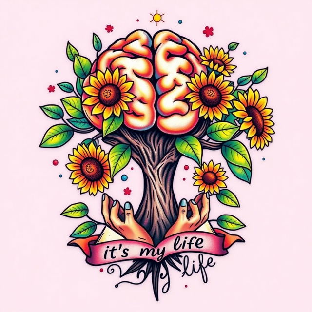 A colorful tattoo design featuring a tree with a brain-shaped crown, symbolizing intelligence and creativity