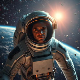 An astronaut in a sleek, futuristic space suit floating in outer space