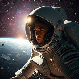 An astronaut in a sleek, futuristic space suit floating in outer space