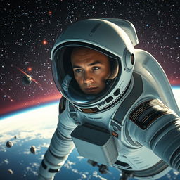 An astronaut in a sleek, futuristic space suit floating in outer space