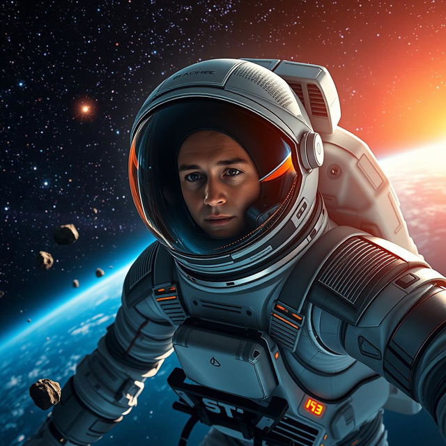 An astronaut in a sleek, futuristic space suit floating in outer space