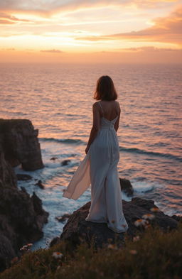 A serene landscape depicting a person standing on a cliff overlooking a vast ocean during sunset, representing the emotional journey of letting go