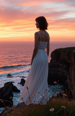 A serene landscape depicting a person standing on a cliff overlooking a vast ocean during sunset, representing the emotional journey of letting go