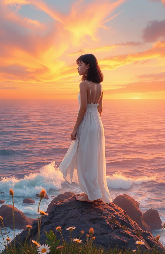 A serene landscape depicting a person standing on a cliff overlooking a vast ocean during sunset, representing the emotional journey of letting go