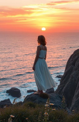 A serene landscape depicting a person standing on a cliff overlooking a vast ocean during sunset, representing the emotional journey of letting go