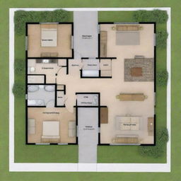 Generate a detailed house plan with 9 posts, measuring 10 meters in length and 6 meters in width.