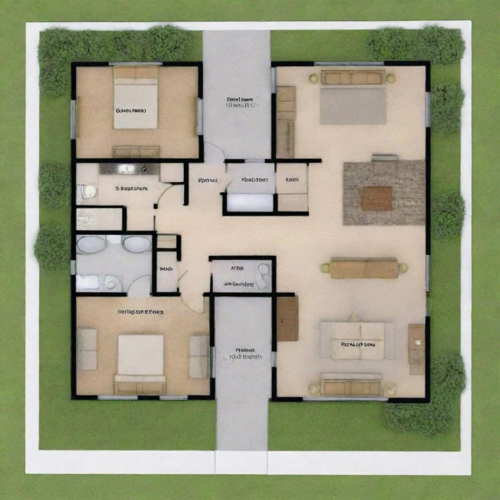 Generate a detailed house plan with 9 posts, measuring 10 meters in length and 6 meters in width.